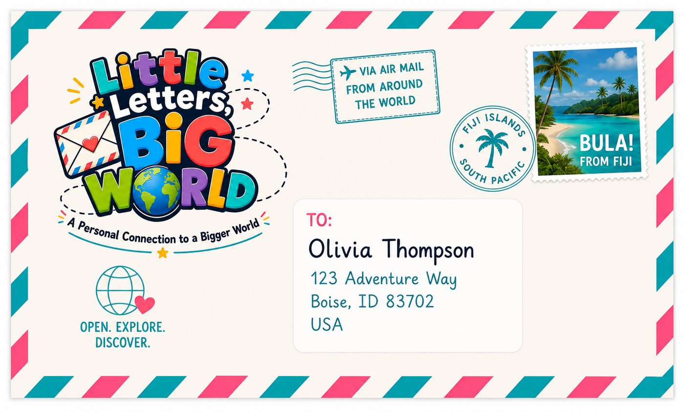A Little Letters, Big World envelope with Fiji stamps and postmarks, addressed to a child