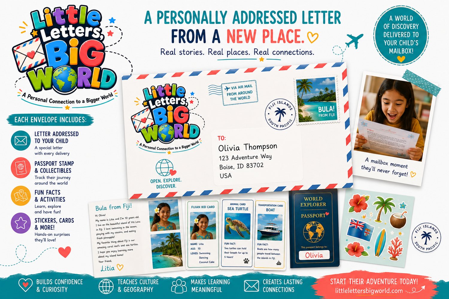 Contents of a Little Letters, Big World envelope laid out: a handwritten letter from Litia in Fiji, kid card, animal card, transportation card, World Explorer passport, and stickers