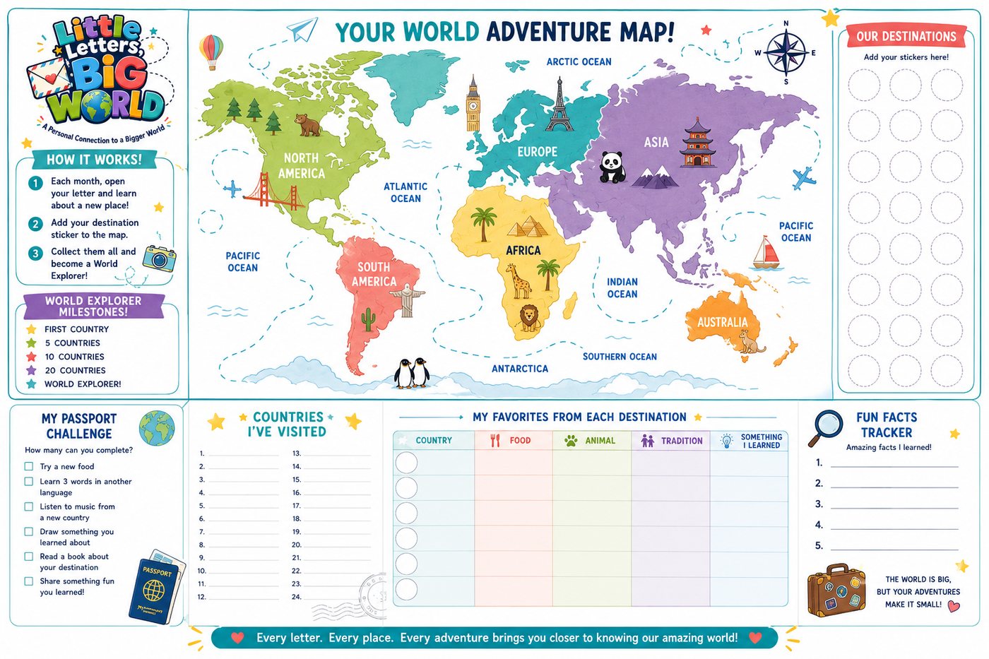The World Adventure Map poster with continents to color in, spots for destination stickers, a passport challenge, and a fun facts tracker